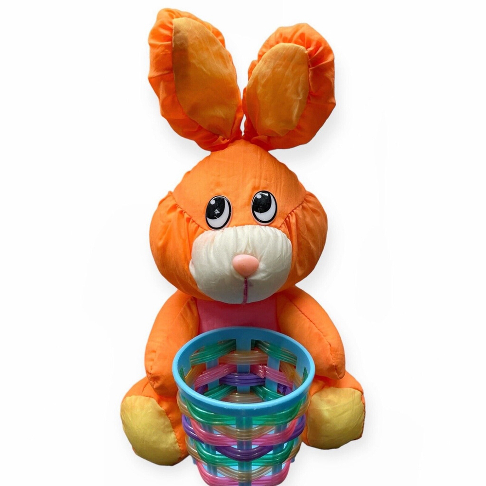 Vtg Easter Basket with Nylon Bunny Rabbit Plush Orange Parachute Tb Trading Co
